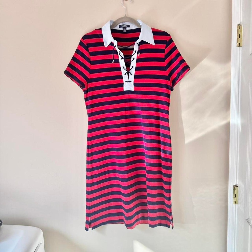 Red Blue Lace Up Stripe Mini Dress Large Cotton Fourth of July Summer‎ Tennis